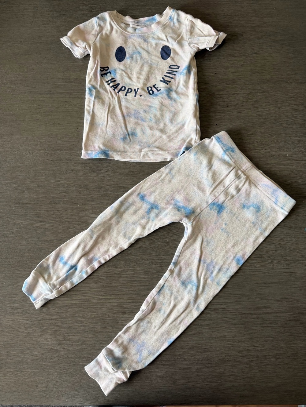 Old Navy Kids White and Light Blue Tie-Dye Pajama Set "Be Happy, Be Kind"